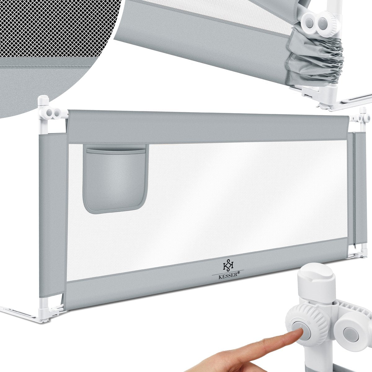Barrière de lit de 150 cm pour enfant - Pliable - Protection anti-chute - Hauteur : 72 à 96 cm - Avec sac - Gris