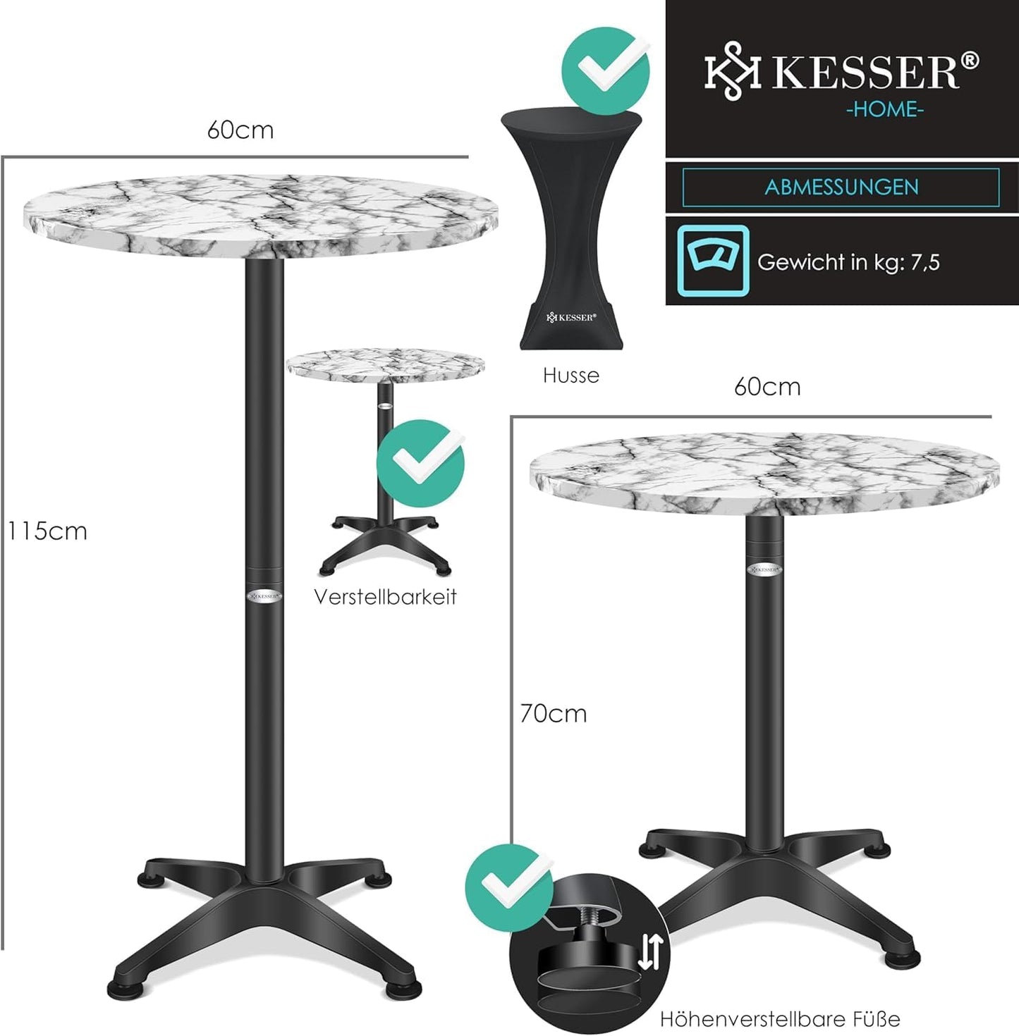 Table de bistrot 2 en 1 Plateau en aluminium et acier inoxydable - Hauteur réglable 70 cm/115 cm Marbre