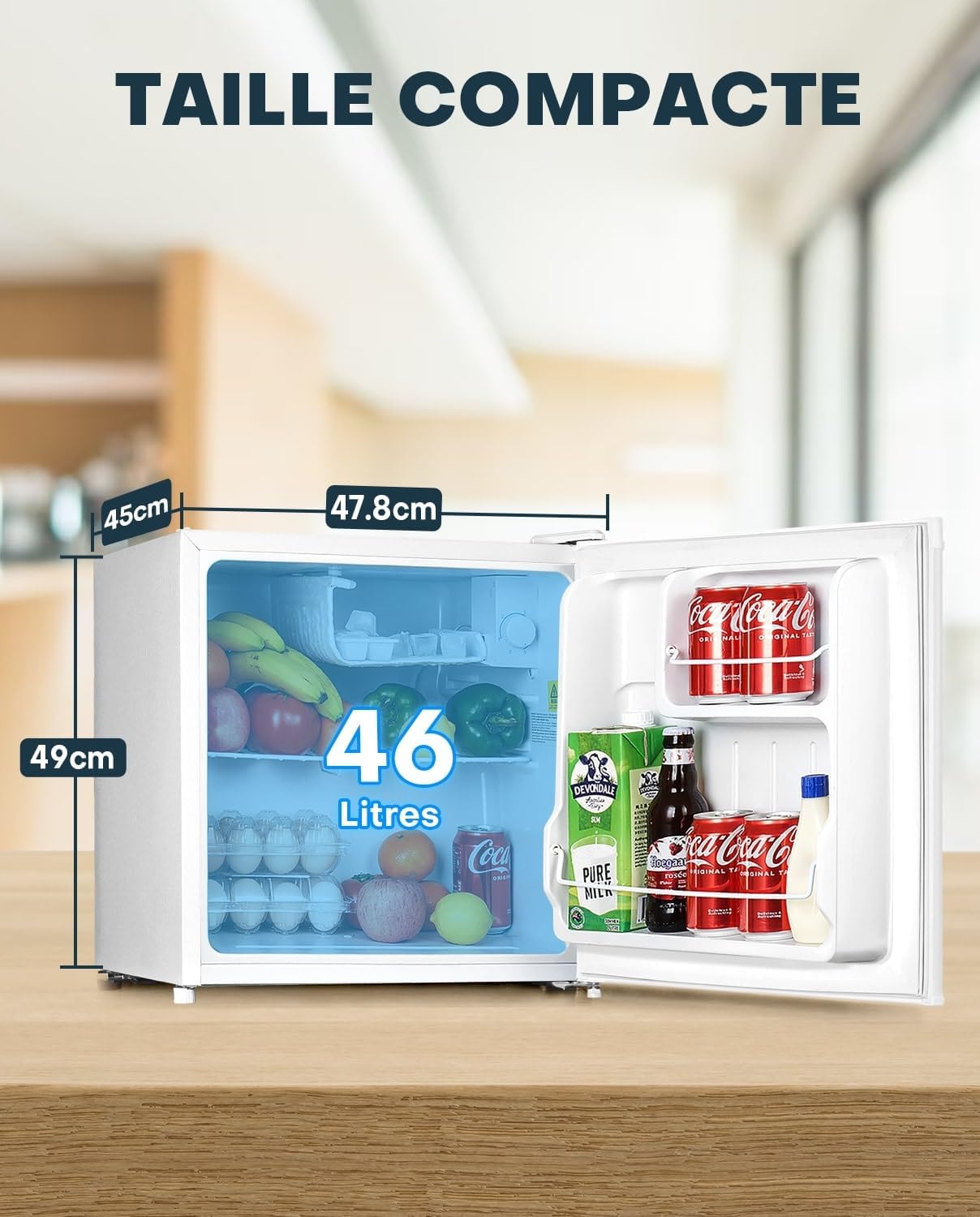 Mini Frigo réfrigérateur avec Congélateur 46 l Thermostat Réglable Porte Réversible,