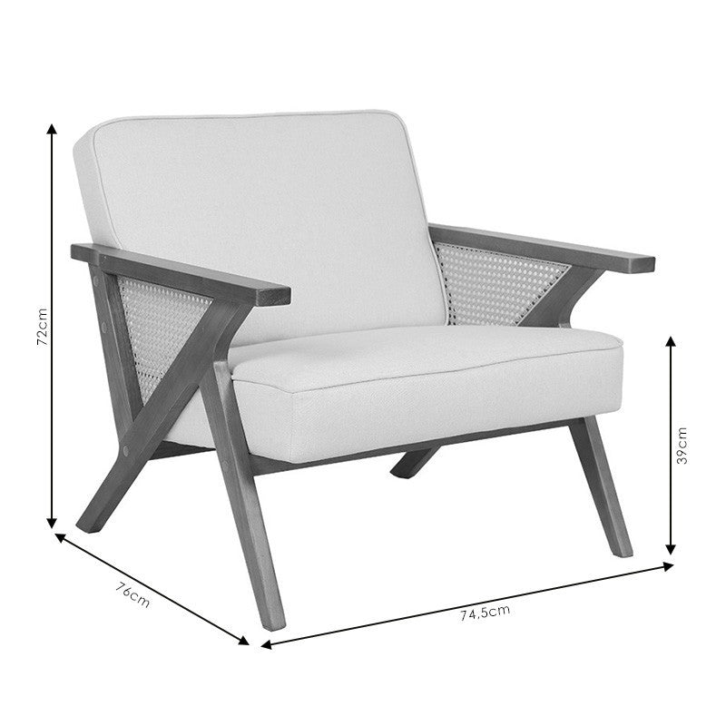 Fauteuil Claudia tissu beige-pvc rotin-hévéa naturel