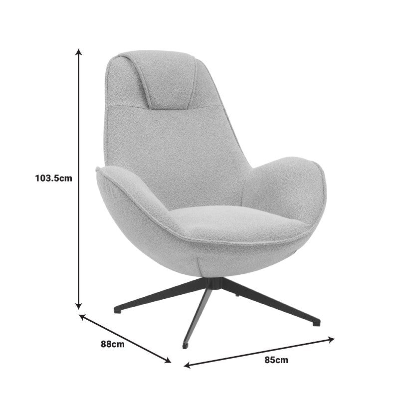 Fauteuil Rotatif Flago en Tissu Boucle Gris Clair 85x88x103.5cm