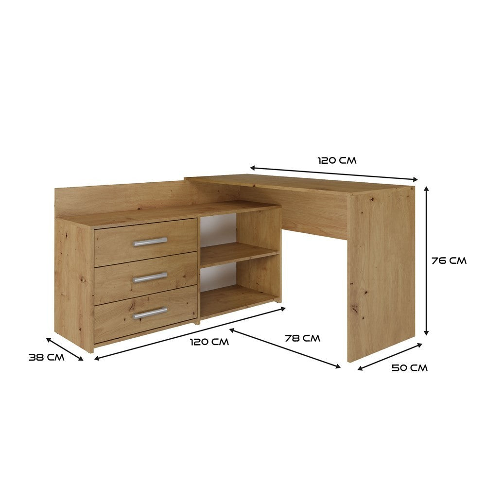 Bureau d'angle NOZE 3 tiroirs bois chêne 120X50X76 cm