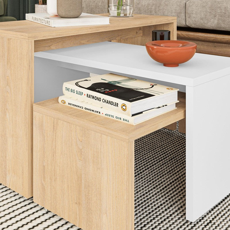 Lot de 3 tables basses bois en chêne blanc 65 x 30 x 39 cm