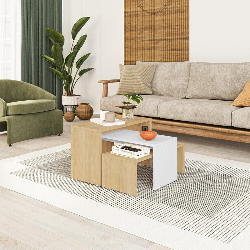 Lot de 3 tables basses bois en chêne blanc 65 x 30 x 39 cm