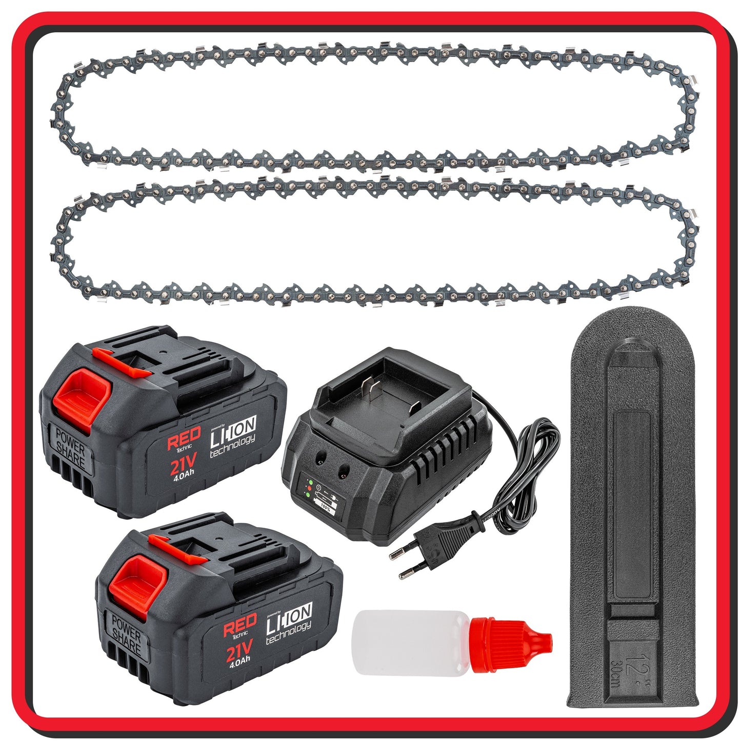 Tronçonneuse elecrique sur batterie 350W 30 cm + 2 guides 2 batteries