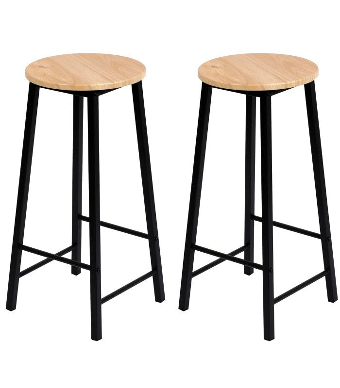 Lot De 2 Tabourets De Bar Ronds Métal Noir Et Bois - 30x30x70cm