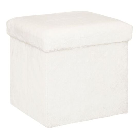 Pouf et Coffre de rangement en bois et Fourrure Blanche 38 x 38 cm