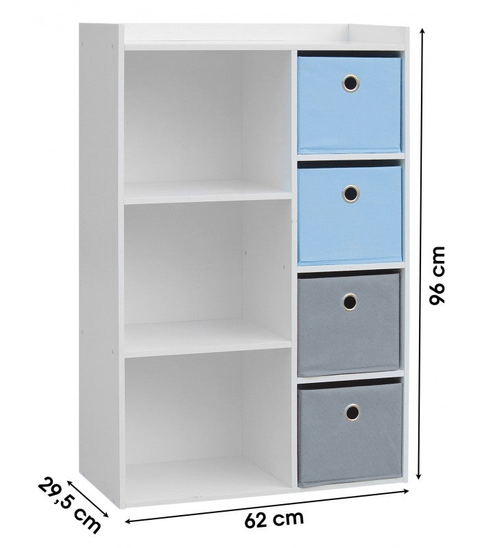 Meuble De Rangement Chambre Enfant Blanche Avec 4 Paniers Bleus Et Gris