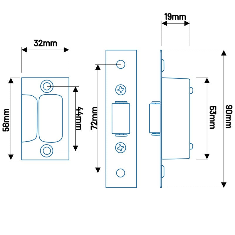 Serrure de porte à rouleau 90/72/53mm en acier inoxydable