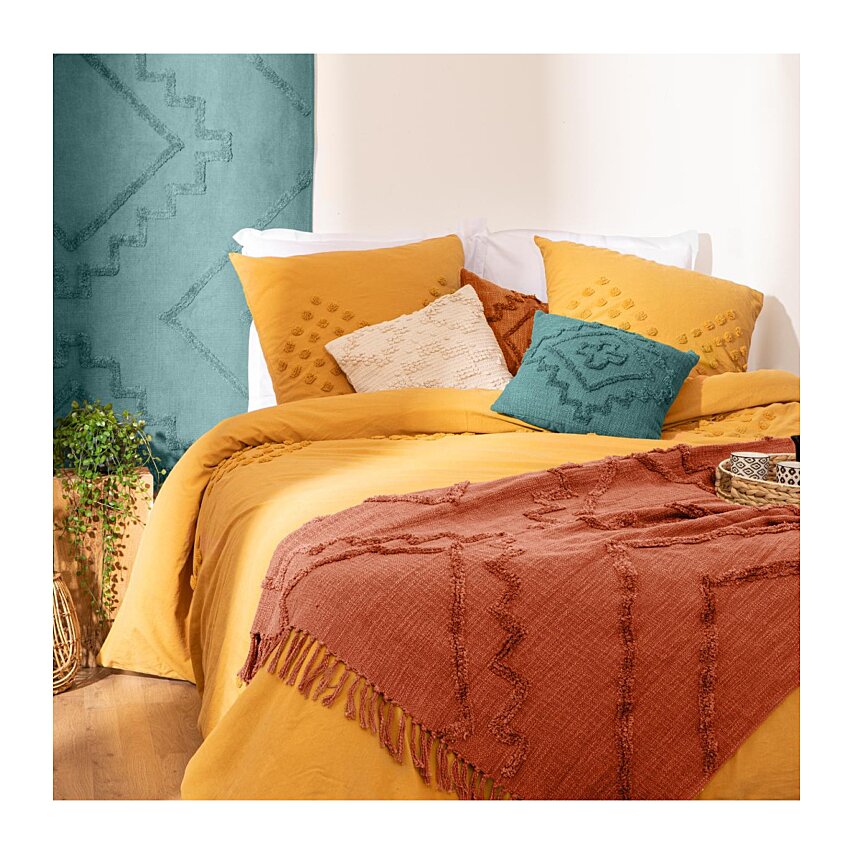 Jeté De Lit En Coton Terracotta Motif Inca Tufté 130 X 180 Cm