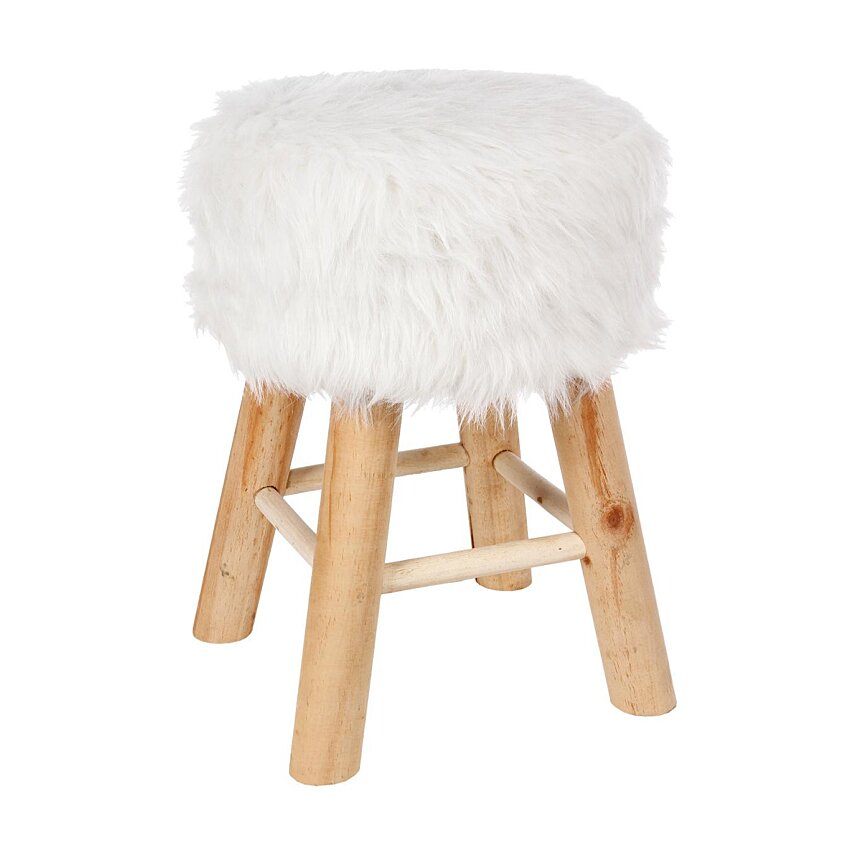 Tabouret en bois et fourrure synthétique h 42 cm coloris blanc