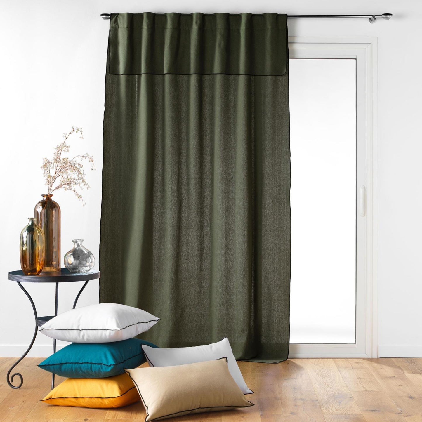 Rideau voilage surfilé passants cachés - Vert Olive - 140x240 cm - Coton