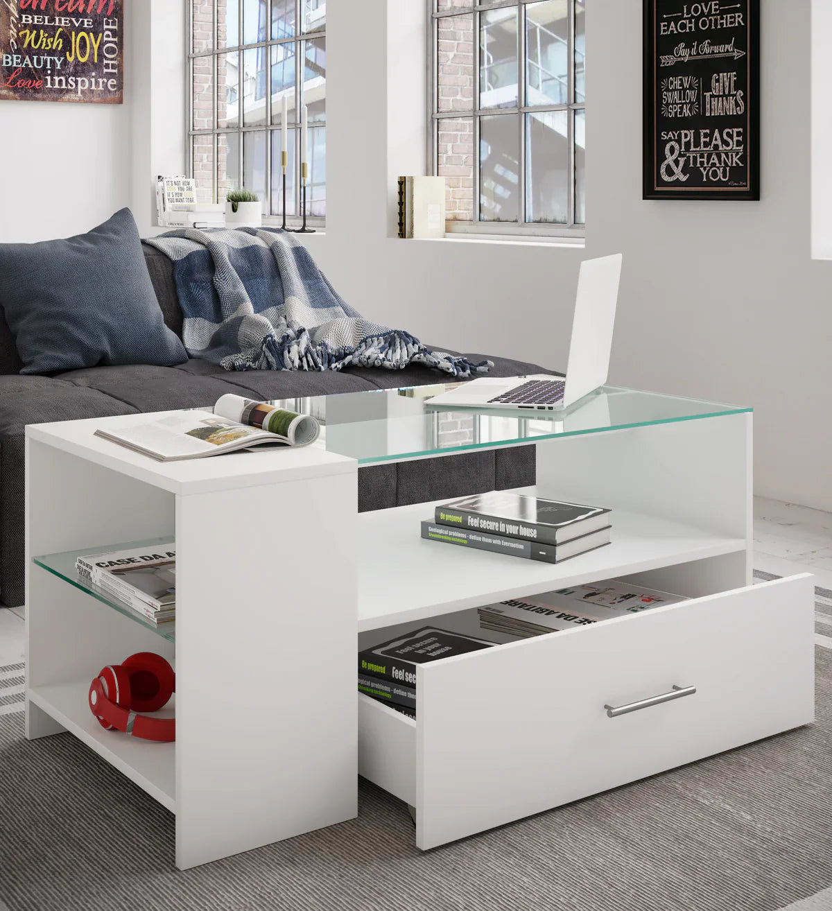Table basse en bois Tindala» avec tiroir blanche  H. 45 x L. 100 x P. 50 cm