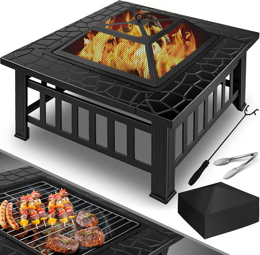 Brasero, 3 en 1 Foyer Multifonctions Chauffage/Barbecue en métal avec Housse de Protection