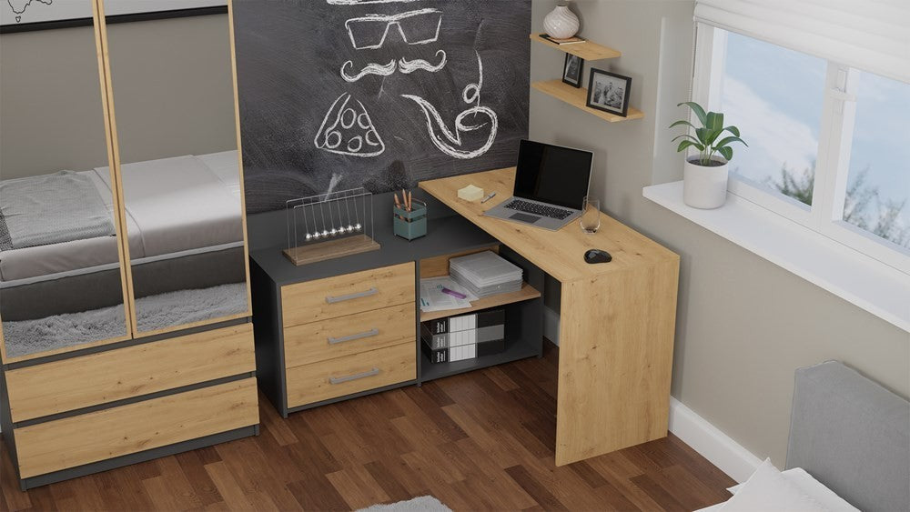 Bureau d'angle NOZE 3 tiroirs anthracite et  bois chêne 120X50X76 cm