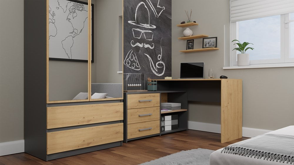 Bureau d'angle NOZE 3 tiroirs anthracite et  bois chêne 120X50X76 cm