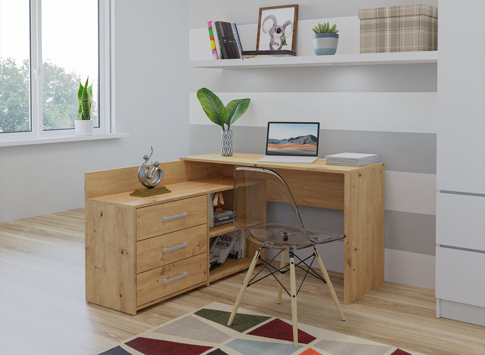 Bureau d'angle NOZE 3 tiroirs bois chêne 120X50X76 cm