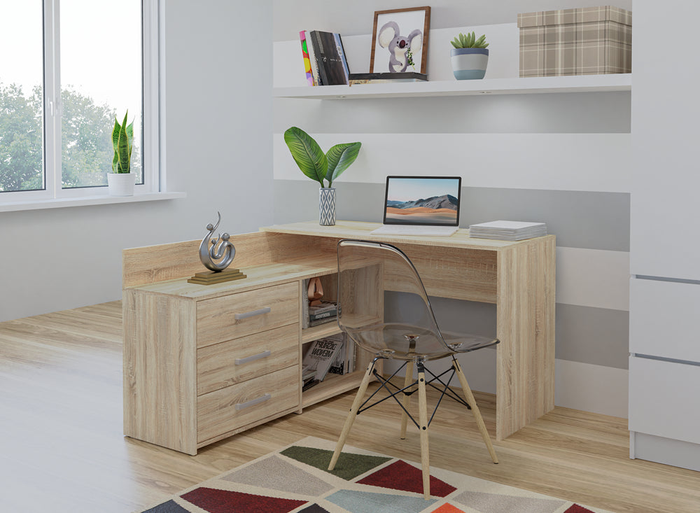 Bureau d'angle NOZE 3 tiroirs marron bois chêne 120X50X76 cm
