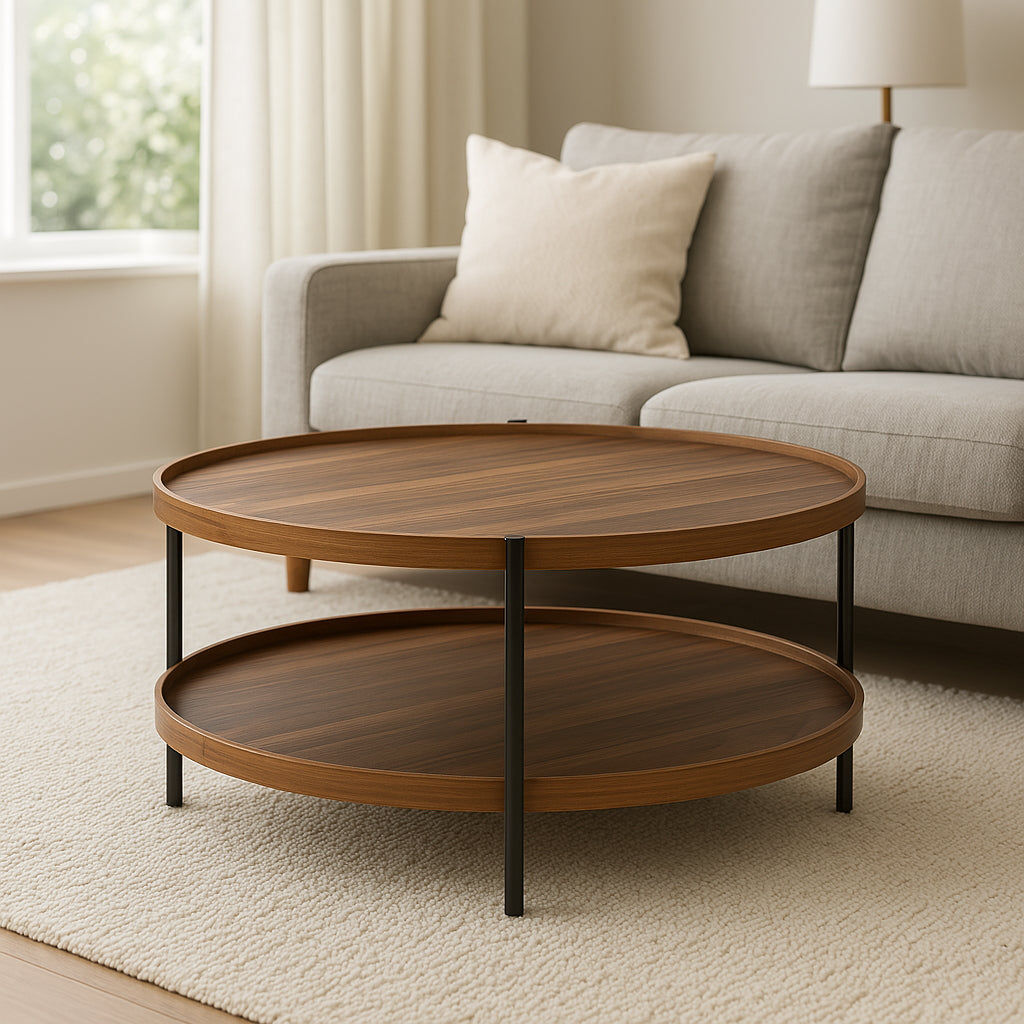 Table basse bois mdf noyer pied métal noir 80 x 40 cm