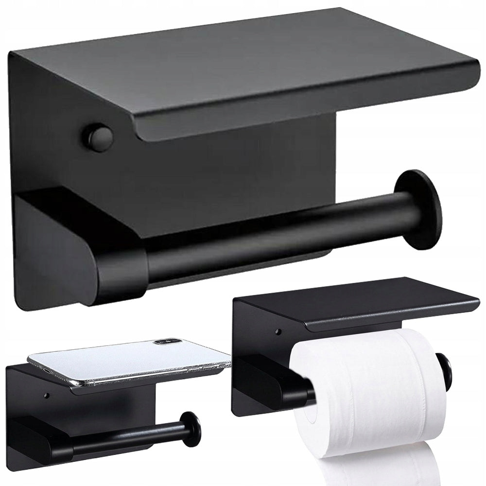 Suppot Porte rouleau papier toilette avec tablette pour téléphone noir loft wc acier