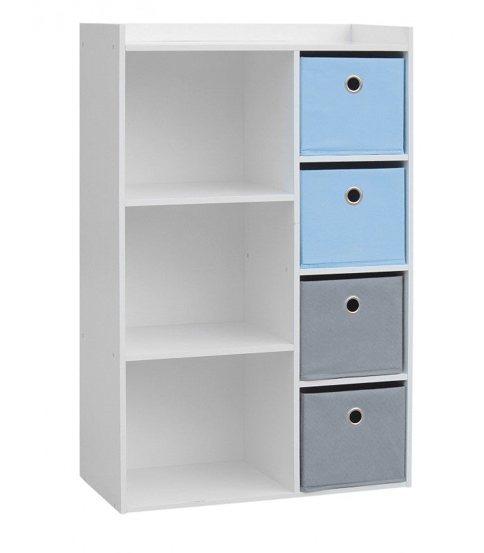 Meuble De Rangement Chambre Enfant Blanche Avec 4 Paniers Bleus Et Gris