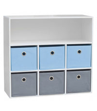 MEUBLE DE RANGEMENT CHAMBRE ENFANT BLANCHE AVEC 6 PANIERS BLEUS ET GRIS