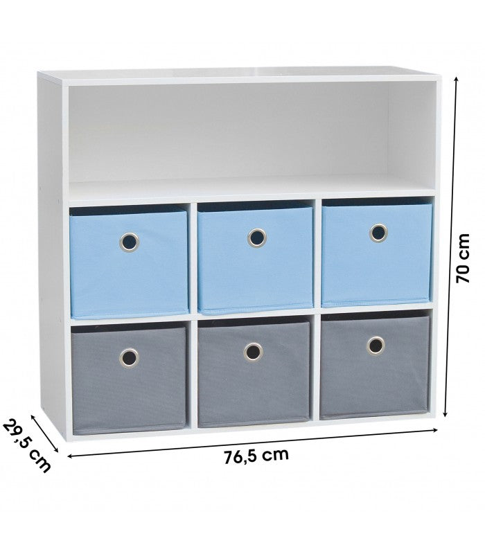 MEUBLE DE RANGEMENT CHAMBRE ENFANT BLANCHE AVEC 6 PANIERS BLEUS ET GRIS