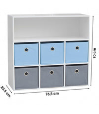 MEUBLE DE RANGEMENT CHAMBRE ENFANT BLANCHE AVEC 6 PANIERS BLEUS ET GRIS