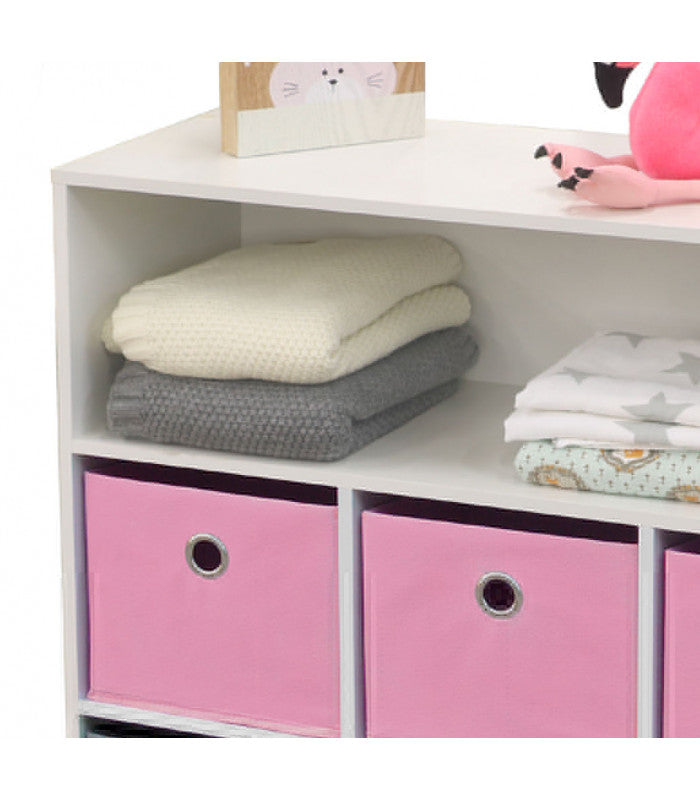 Meuble De Rangement Chambre Enfant Blanche Avec 6 Paniers Rose Et Gris