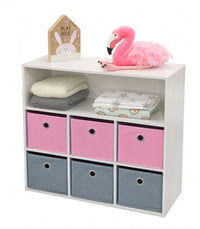 Meuble De Rangement Chambre Enfant Blanche Avec 6 Paniers Rose Et Gris