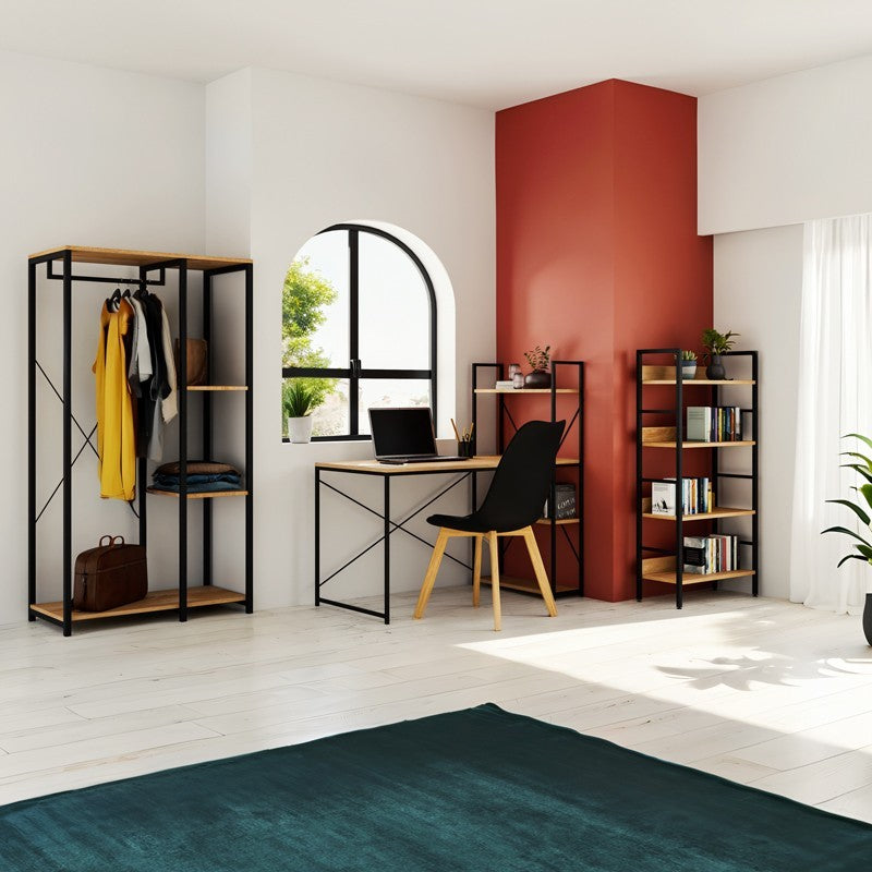 Bureau  réversible avec étagères chêne avec structure en métal noir 122x64x120cm