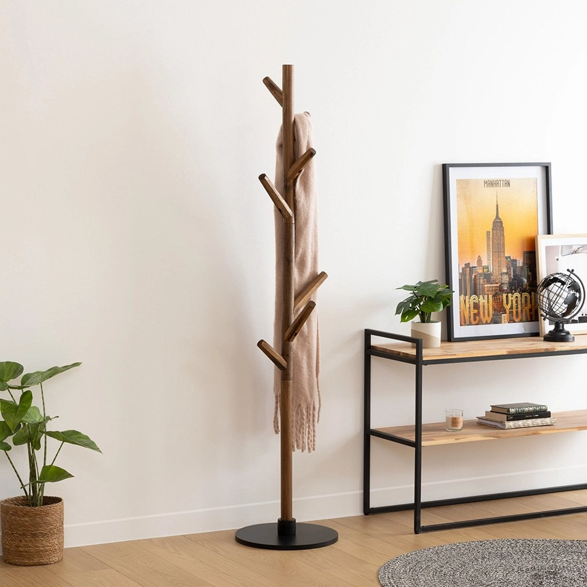 Porte manteau bois marron  8 tiges 39 x 39 x178 cm