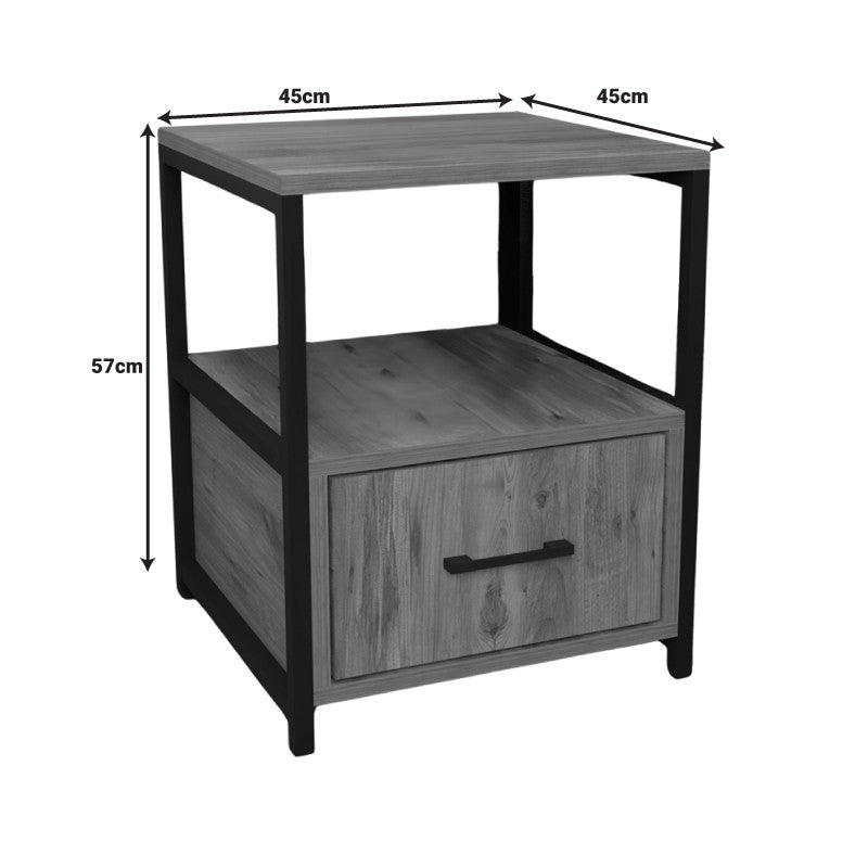 Table de chevet bois et métal 1 tiroir marron noir 45x45x57 cm